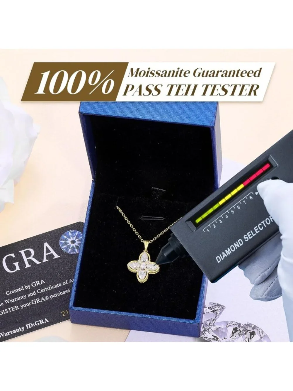Dainty Moissanite Four-Leaf Clover Necklace | 925 Sterling Silver & Gold